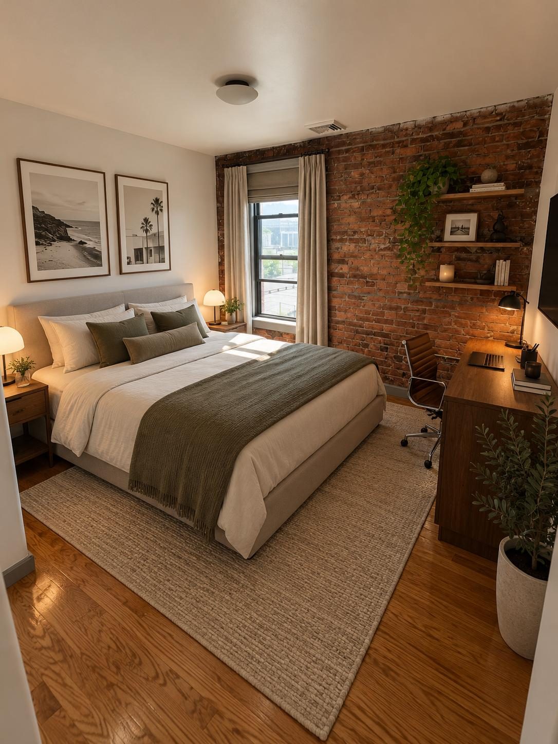 Rendering of a bedroom with exposed brick wall, new bed and desk