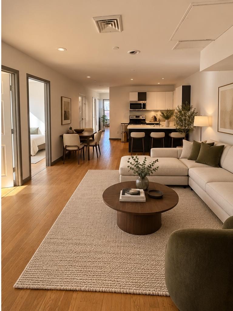 Open living room and kitchen with hardwood floors, staged with a sectional sofa and dining table